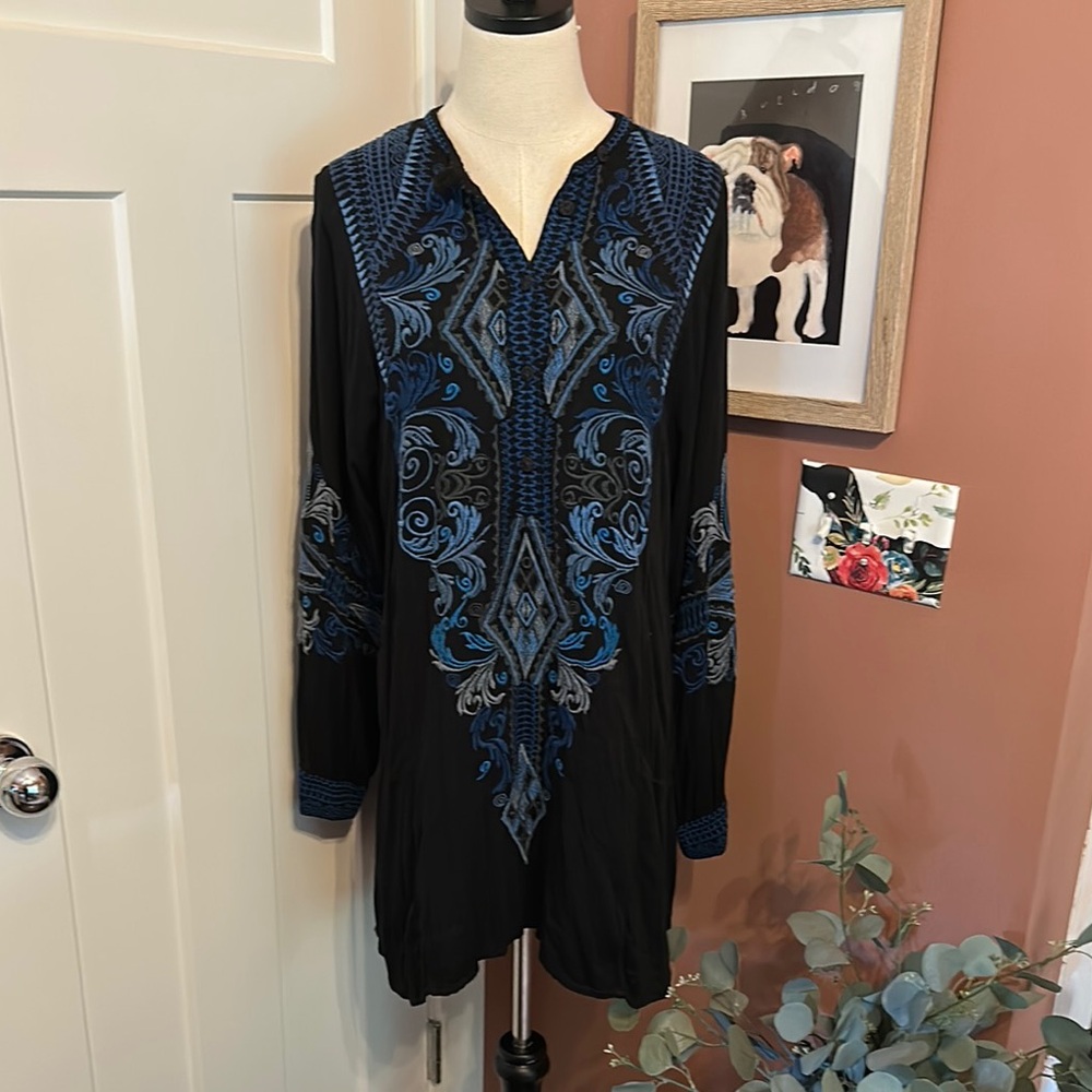 Johnny Was Biya Black & Blue Embroidered rayon blend long sleeve S tunic dress - Picture 14 of 14